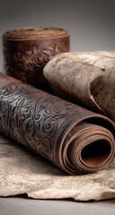 Rolled leather with intricate carvings, nestled with aged paper and a leather container