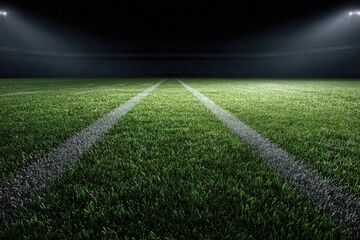 Obraz premium Empty stadium football field at night, illuminated by spotlights