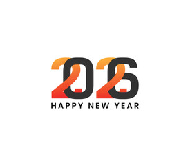Modern graphic design with the year 2026 in bold orange and black colors celebrating happy new year