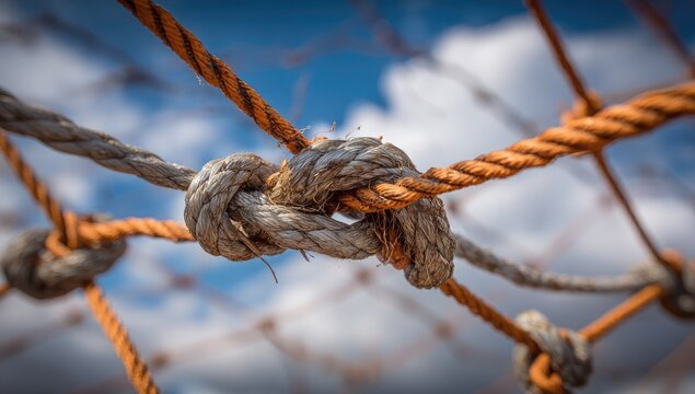 Close-up of a complex knot in interwoven ropes against a backdrop of a partly cloudy sky