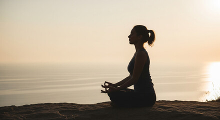 Silhouette of a person in a yoga lotus pose meditating on a cliff overlooking a calm sea at sunrise.