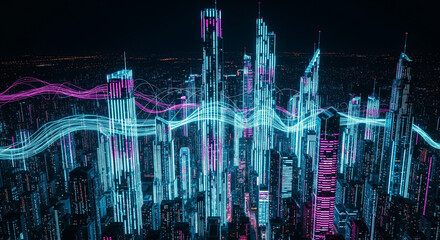 Aerial drone view of a futuristic city at night with buildings made of glowing data bars and charts.