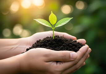 Hands Holding Soil with Young Seedling – Growth, Nature and Eco Conservation