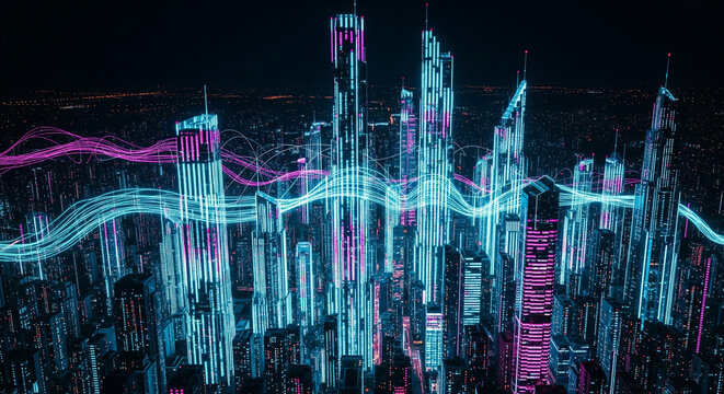 Aerial drone view of a futuristic city at night with buildings made of glowing data bars and charts. - Powered by Adobe