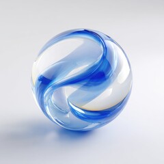 A smooth, round, glass sphere with swirling, translucent blue and white patterns