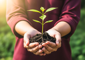 Hands Holding Young Green Plant with Soil – Growth, Nature and Environmental Protection