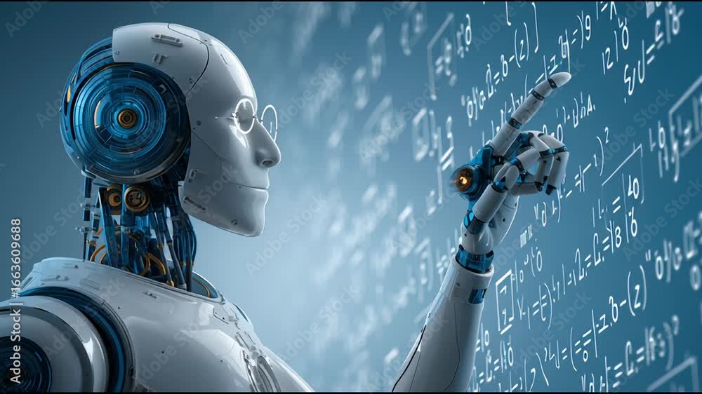 Poster robotic humanoid engaged in complex mathematical calculations in a futuristic environment