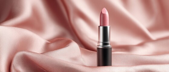 The elegant pink lipstick resting on soft satin fabric backdrop.