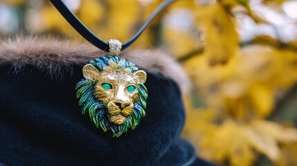 A luxurious fashion necklace featuring a golden and green lion design,