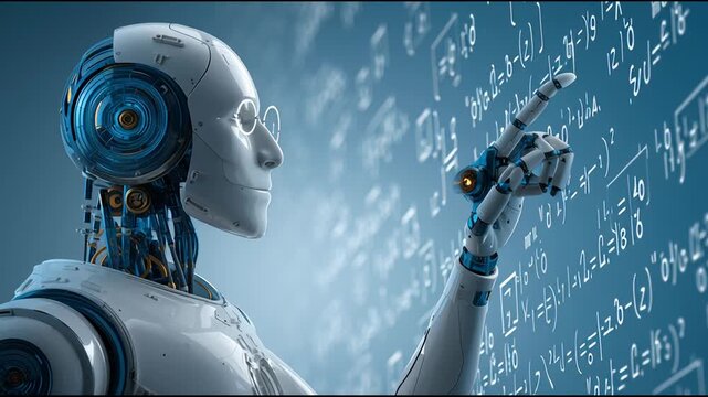 Robotic Humanoid Engaged in Complex Mathematical Calculations in a Futuristic Environment - Powered by Adobe