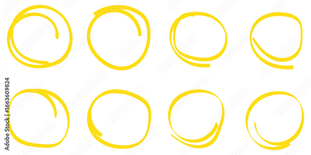 Poster hand drawn circle highlighter line sketch set. vector marker circular lines, doodle round circles fo