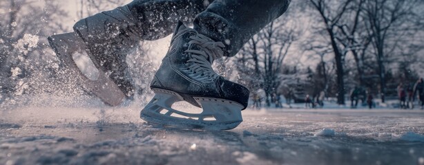 The dynamic motion of ice skates gliding effortlessly across a frozen surface.