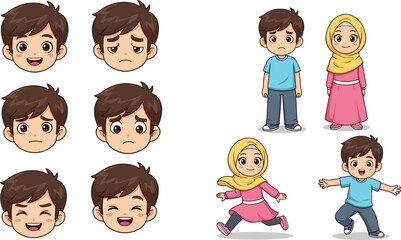 Cartoon Boy and Girl with Emotions and Expressions Set – Happy, Sad, Angry Faces and Standing or Running Characters Vector