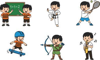 Cartoon Boy Characters Doing School, Sports, Music, Martial Arts, and Outdoor Activities in Cute Vector Illustration for Education and Hobby Concepts