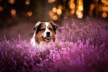 Australian Shepherd in the forest in the heather and at sunset	