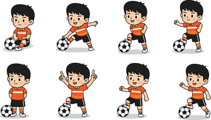 Cartoon Boy Playing Soccer in Various Football Poses for Sports Education, Kids Activity, School Project, and Team Training Concepts