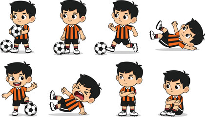 Cartoon Boy Playing Soccer in Various Poses and Emotions, Kicking, Sitting, Standing, Happy, Angry, Sad Vector Illustration Set