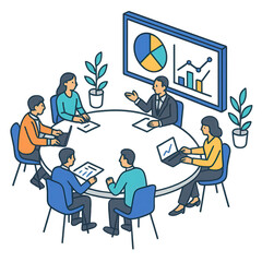 A diverse group of professionals engaged in a business meeting around a circular table, discussing strategies and analyzing data displayed on a large screen.