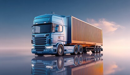 Modern truck with cargo container, reflecting on a smooth surface, at dawn/dusk