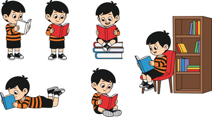 Cartoon Boy Reading Books in Different Poses with Bookshelf – Education, Study, Library Vector Illustration for Kids Learning Content