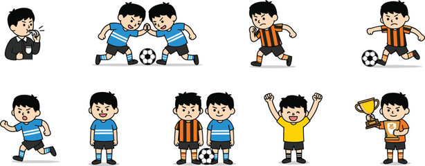Cartoon Boys Playing Soccer, Competing in Football Match, Celebrating Victory with Trophy – Fun Kids Sports Game Vector Illustration © DesignSoul