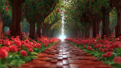 A vibrant, pixelated path lined with rose trees