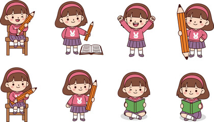 Cartoon Girl Studying, Writing and Reading with Pencil and Book for Education, Learning Activities, School Projects, and Classroom Illustration