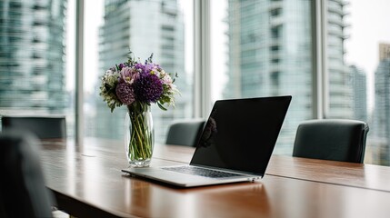 Bouquet of flowers and laptop on a wooden conference table.