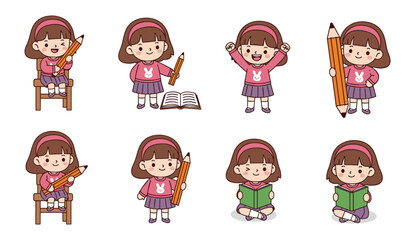 Cartoon Girl Studying, Writing and Reading with Pencil and Book for Education, Learning Activities, School Projects, and Classroom Illustration