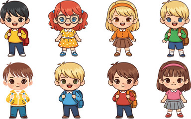 Cartoon Kids in School Uniform with Backpacks, Happy Children Characters for Education, Learning, School Projects, and Classroom Vector Illustrations