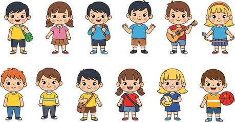 Cartoon School Kids with Backpacks, Sports Equipment, and Musical Instruments in Colorful Outfits – Vector Illustration for Education and Fun