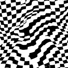 Wavy hexagon board pattern, distorted perspective, optical illusion effect, black and white, seamless vector abstract geometric background 