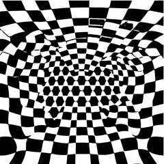 Naklejka premium Wavy hexagon board pattern, distorted perspective, optical illusion effect, black and white, seamless vector abstract geometric background 