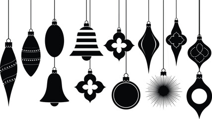 Christmas Ornament Silhouette Vector Set – Hanging Holiday Decorations, Bells, Baubles & Shapes, Black Clipart for Winter Crafts
