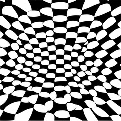 Wavy hexagon board pattern, distorted perspective, optical illusion effect, black and white, seamless vector abstract geometric background 