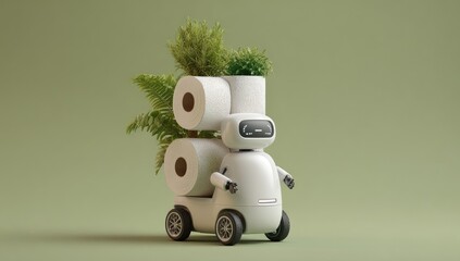 Fototapeta premium A white robot carries toilet paper rolls topped with plants