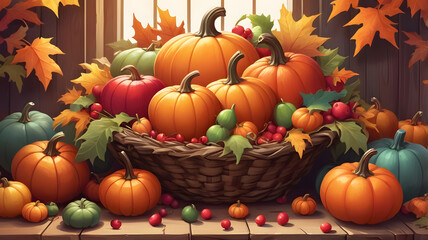 A rustic still life of autumn harvest with pumpkins, corn, apples, and seasonal fruits arranged in warm earthy tones. Perfect for Thanksgiving wallpaper.