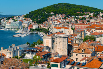 Split, Croatia: Panoramic cityscape of the old medieval city, waterfront and Marjan hill, Dalmatia, Adriatic sea.