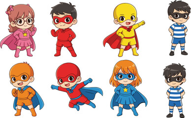 Cute Kids in Colorful Superhero Costumes with Capes and Masks Posing Confidently in Vector Illustration for Comic and Children Themes
