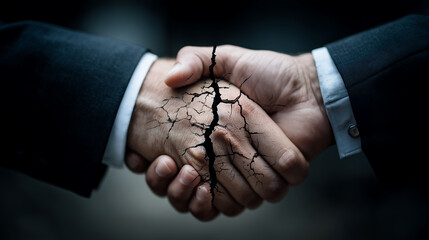 Two businessmen shaking hands with cracks, Failed negotiations, Broken agreement concept
