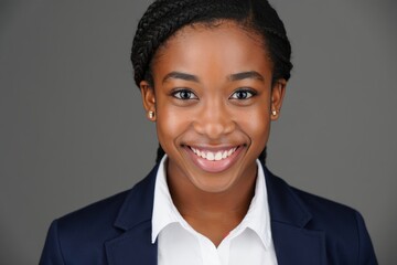 Close up portrait of a smiling woman with braided hair wearing a blue blazer jacket