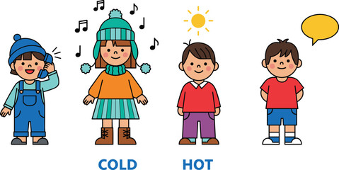 Cute Kids in Winter and Summer Clothes Expressing Hot and Cold Weather Conditions – Educational Seasonal Illustration for Children Learning