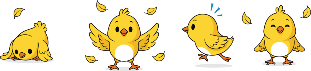 Cute Yellow Baby Chick Cartoon Vector Set with Leaves in Various Poses for Kids Design, Stickers, Farm or Easter Theme.