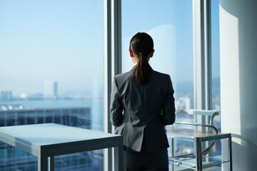 Businesswoman stands gazing out of large window in modern office high above the city