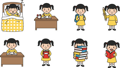 Cute School Girl Daily Routine Vector Set with Books, Studying, Sleeping, Reading, Learning, and Classroom Education Cartoon Icons