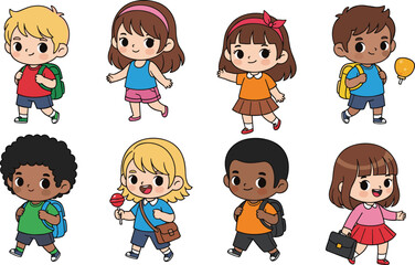 Diverse Cute School Kids Walking with Backpacks and School Supplies – Happy Children Character Set for Education and School Design