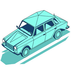 Stylized isometric illustration of a vintage teal sedan with dark blue accents and a geometric roof design