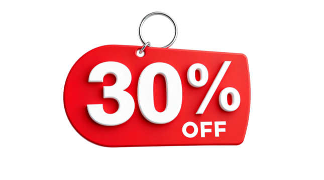 Red Circular 30% Discount Tag – Bold White Numerals with 3D Embossed Design and Silver Key Ring