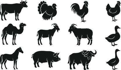 Farm Animal Silhouettes Vector Set – Cow, Goat, Pig, Chicken, Duck, Camel, Rooster, Horse, Turkey Clipart Collection