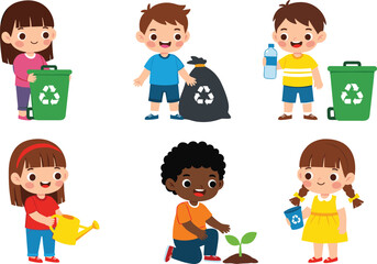 Happy Cartoon Kids Practicing Environmental Activities Like Recycling and Planting Trees for Eco-Friendly and Sustainable Earth Awareness Vector Illustration.
